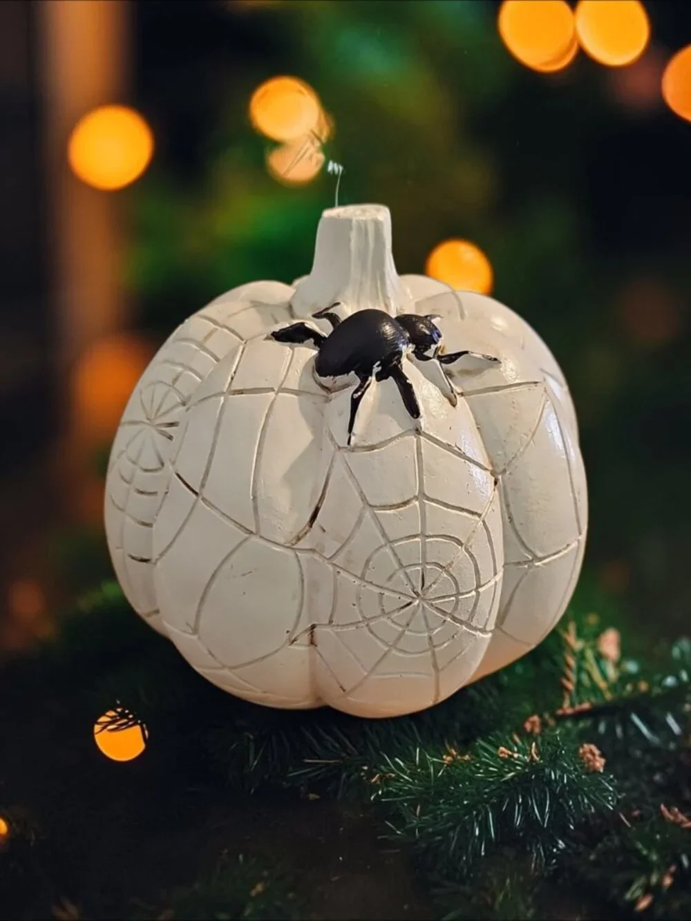 Spooky Pumpkin Décor – White Pumpkin with Spider & Web Carvings – Halloween